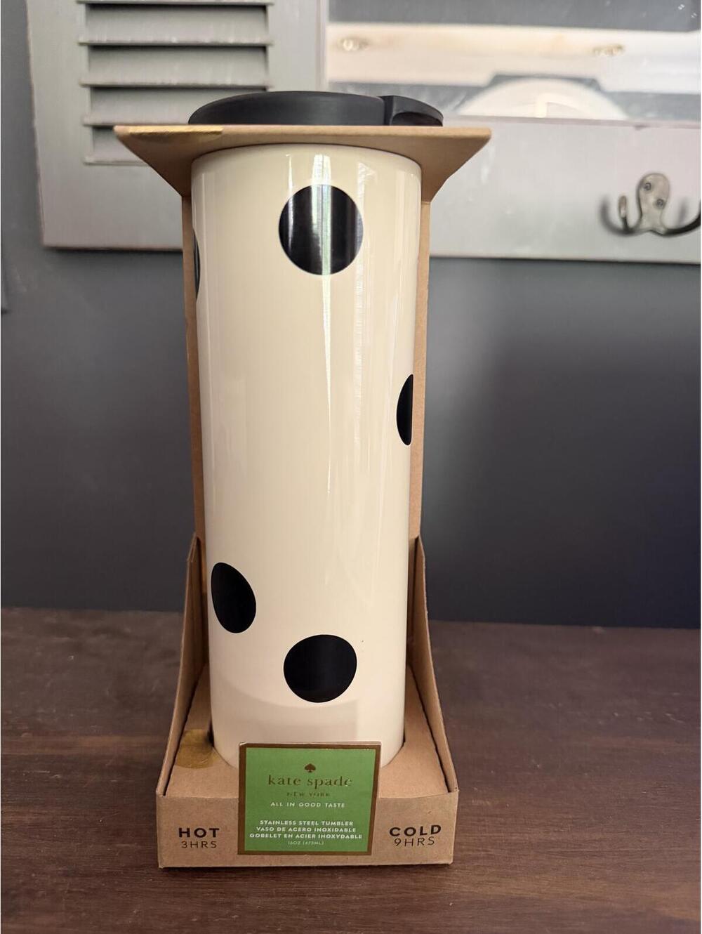 Kate Spade New York Insulated Stainless Steel Travel Mug with Black Polka Dots